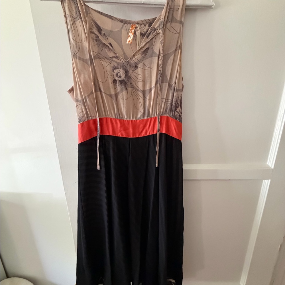 Maeve Beige Floral & Coral Waistband Sleeveless Dress with Black Skirt